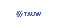 Logo van TAUW met gestileerd embleem erboven op een witte achtergrond.