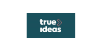 Logo van True Ideas met witte tekst en een roze pijl op een donkergroene achtergrond.