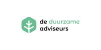 Logo van "de duurzame adviseurs" met een groen bladicoon en tekst in zwart en groen.