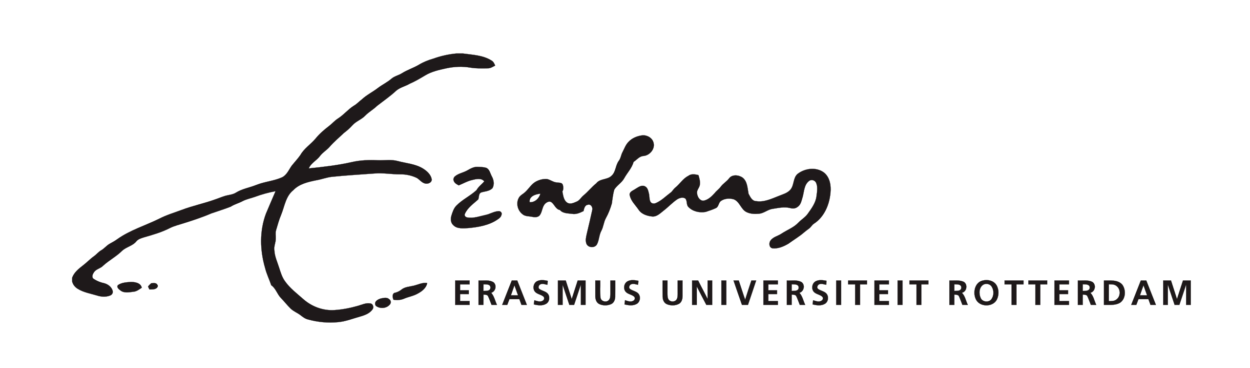 Logo van de Erasmus Universiteit Rotterdam met handgeschreven "Erasmus" en gedrukte tekst.