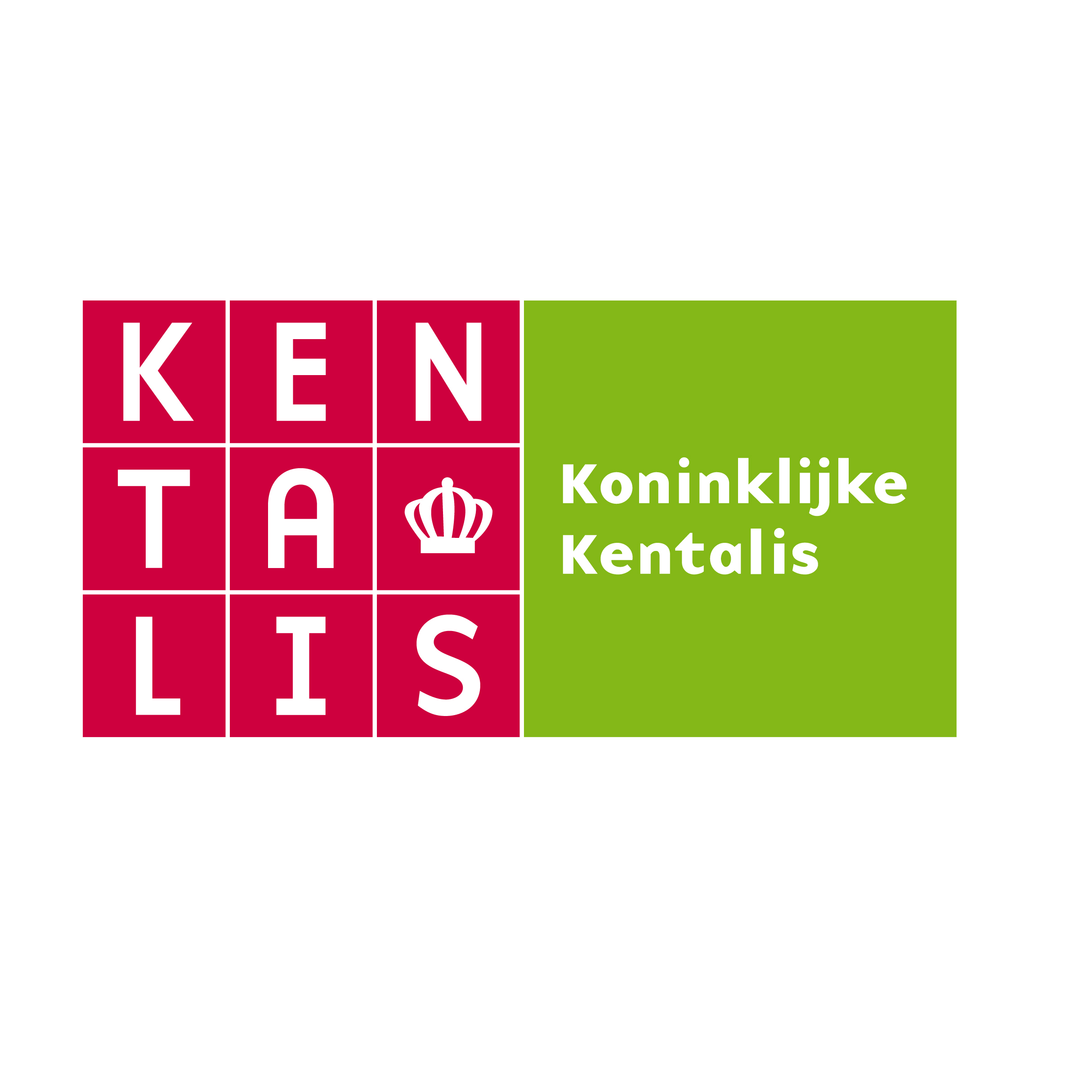 Logo van Koninklijke Kentalis met rood-witte letters en een groene achtergrond rechts met de organisatienaam.