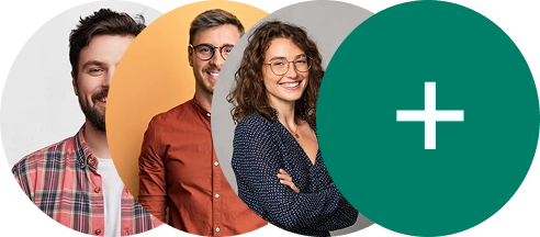 Drie lachende deelnemers naast een groen rond pictogram met een plusteken.